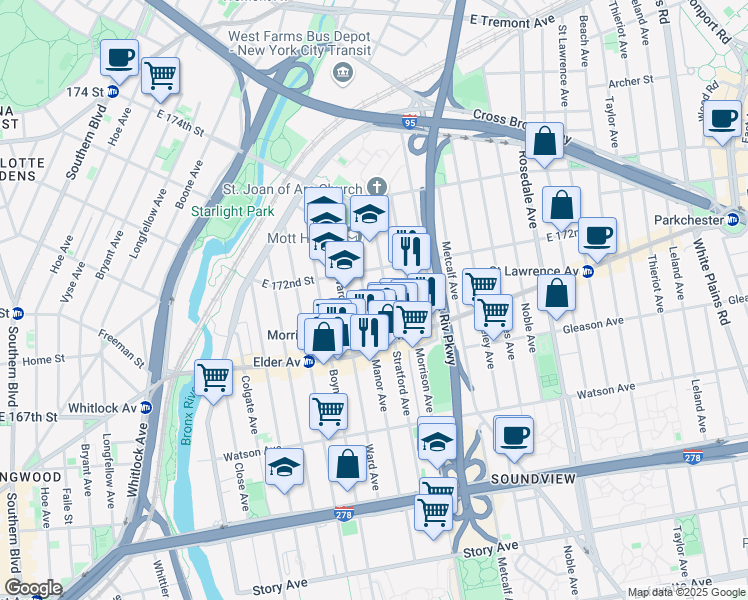 map of restaurants, bars, coffee shops, grocery stores, and more near 1226 Manor Avenue in Bronx