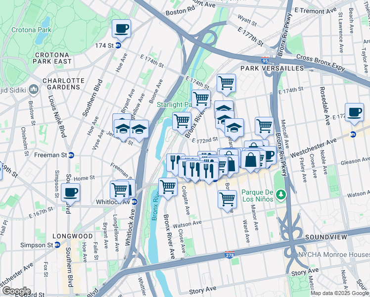 map of restaurants, bars, coffee shops, grocery stores, and more near 1253 Bronx River Avenue in Bronx