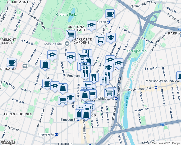 map of restaurants, bars, coffee shops, grocery stores, and more near in The Bronx