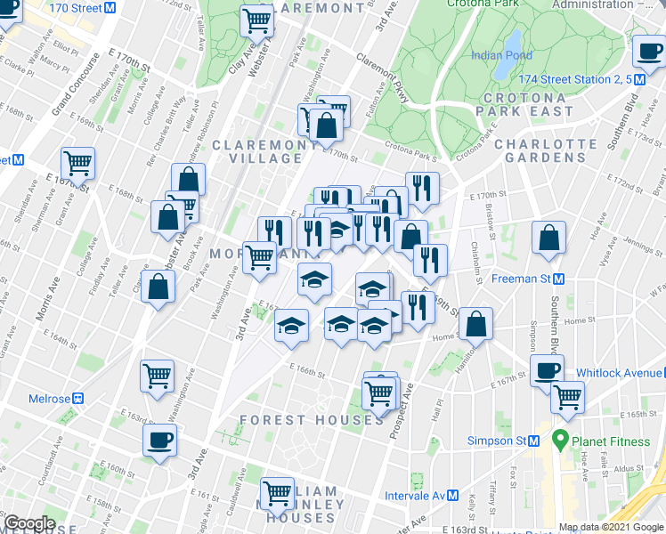 map of restaurants, bars, coffee shops, grocery stores, and more near 1225 Boston Road in Bronx