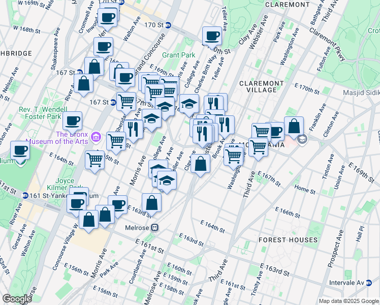 map of restaurants, bars, coffee shops, grocery stores, and more near 1109 Clay Avenue in The Bronx