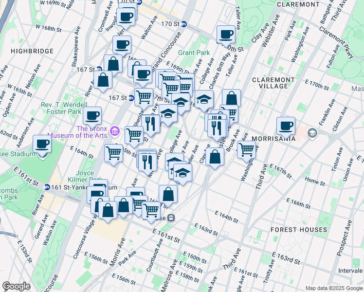 map of restaurants, bars, coffee shops, grocery stores, and more near 318 East 166th Street in The Bronx