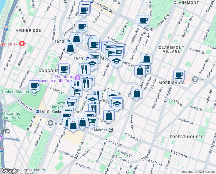 map of restaurants, bars, coffee shops, grocery stores, and more near 1040 Morris Avenue in The Bronx
