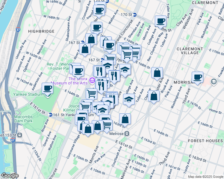 map of restaurants, bars, coffee shops, grocery stores, and more near in The Bronx