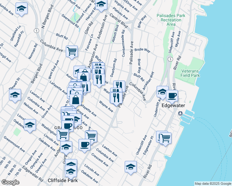 map of restaurants, bars, coffee shops, grocery stores, and more near 811 Palisade Avenue in Fort Lee