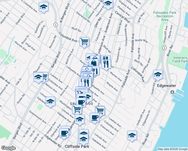 map of restaurants, bars, coffee shops, grocery stores, and more near 291 Franklin Avenue in Cliffside Park