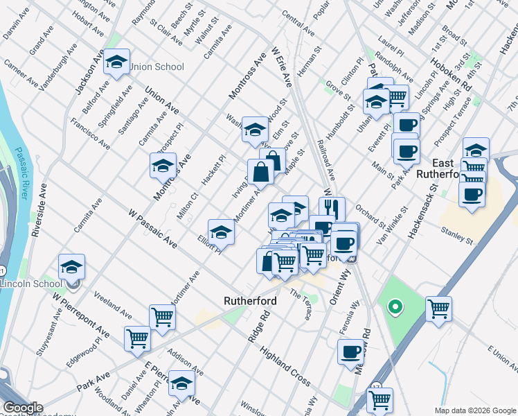 map of restaurants, bars, coffee shops, grocery stores, and more near 98 Home Avenue in Rutherford