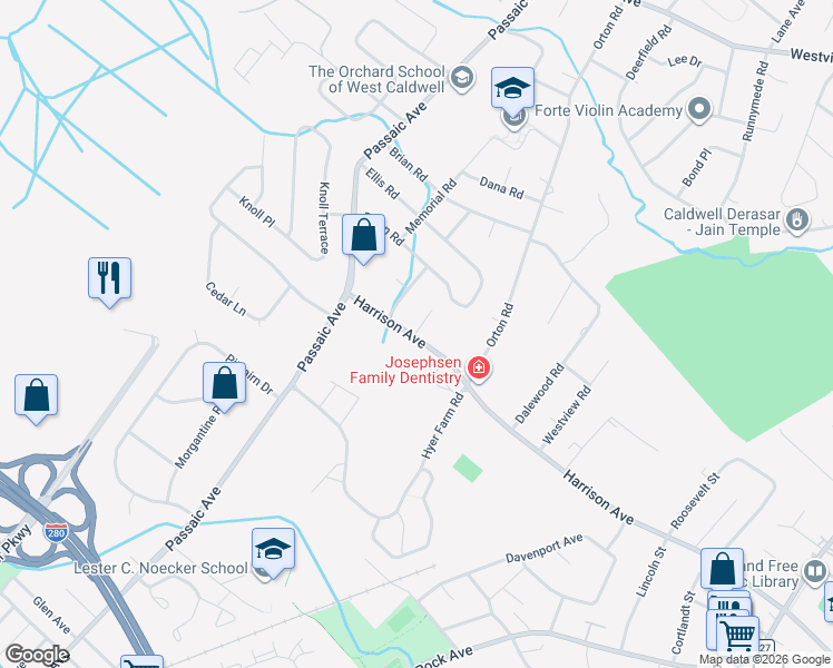 map of restaurants, bars, coffee shops, grocery stores, and more near 2 Holderith Road in West Caldwell