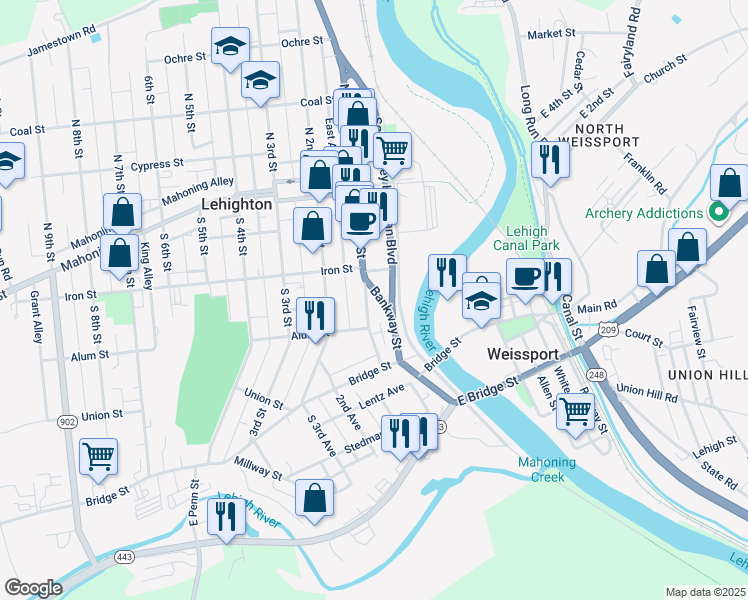 map of restaurants, bars, coffee shops, grocery stores, and more near 271 South 1st Street in Lehighton