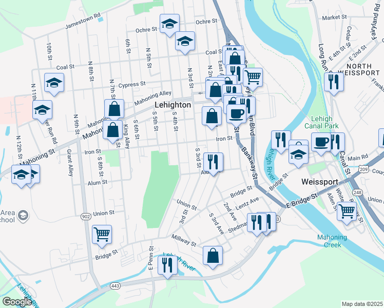 map of restaurants, bars, coffee shops, grocery stores, and more near West Alley in Lehighton