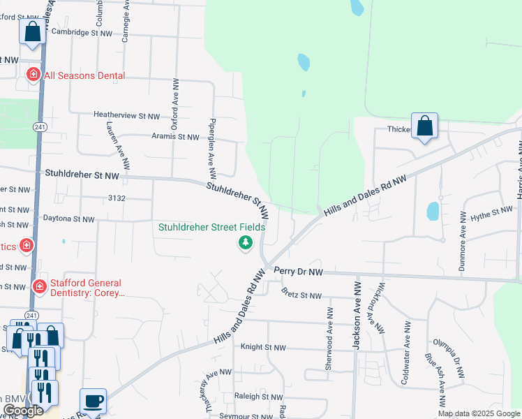 map of restaurants, bars, coffee shops, grocery stores, and more near 7320 Stuhldreher Street Northwest in Massillon