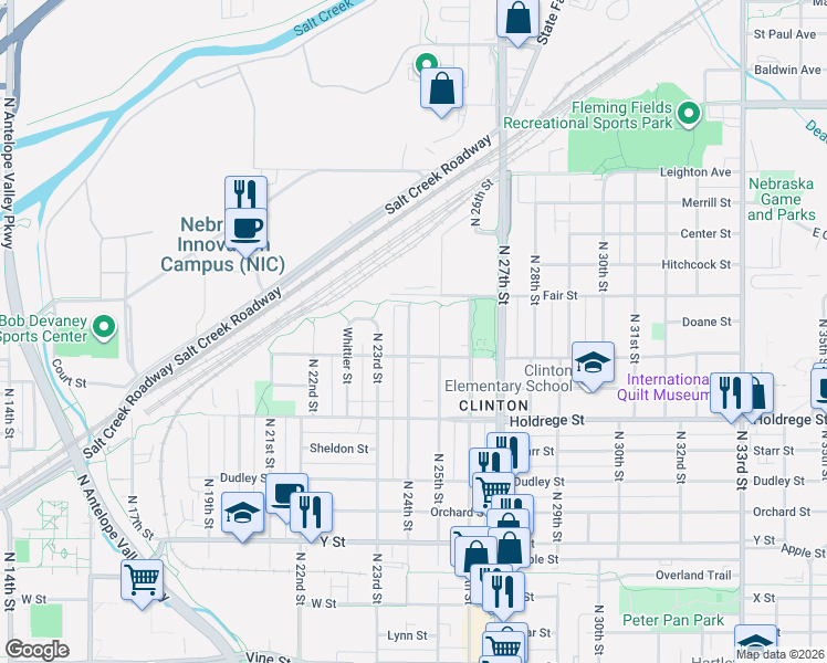 map of restaurants, bars, coffee shops, grocery stores, and more near 1700 North 24th Street in Lincoln