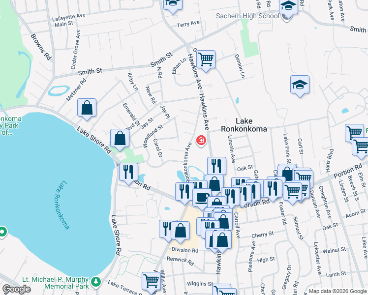 map of restaurants, bars, coffee shops, grocery stores, and more near 46 Ronkonkoma Avenue in Lake Ronkonkoma