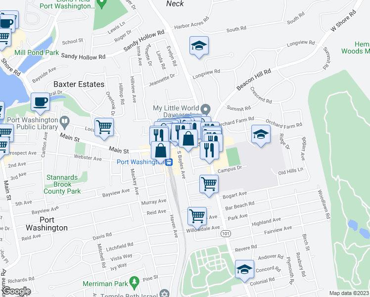 map of restaurants, bars, coffee shops, grocery stores, and more near 38 Main Street in Port Washington