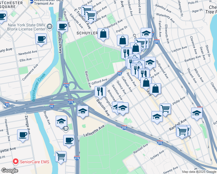 map of restaurants, bars, coffee shops, grocery stores, and more near 1045 Brinsmade Avenue in Bronx