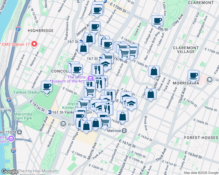 map of restaurants, bars, coffee shops, grocery stores, and more near in The Bronx