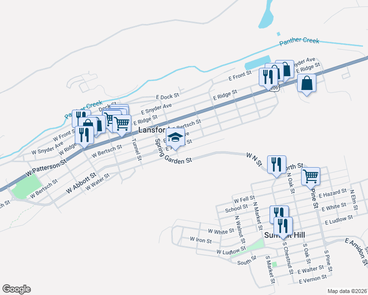map of restaurants, bars, coffee shops, grocery stores, and more near 124 East Water Street in Lansford
