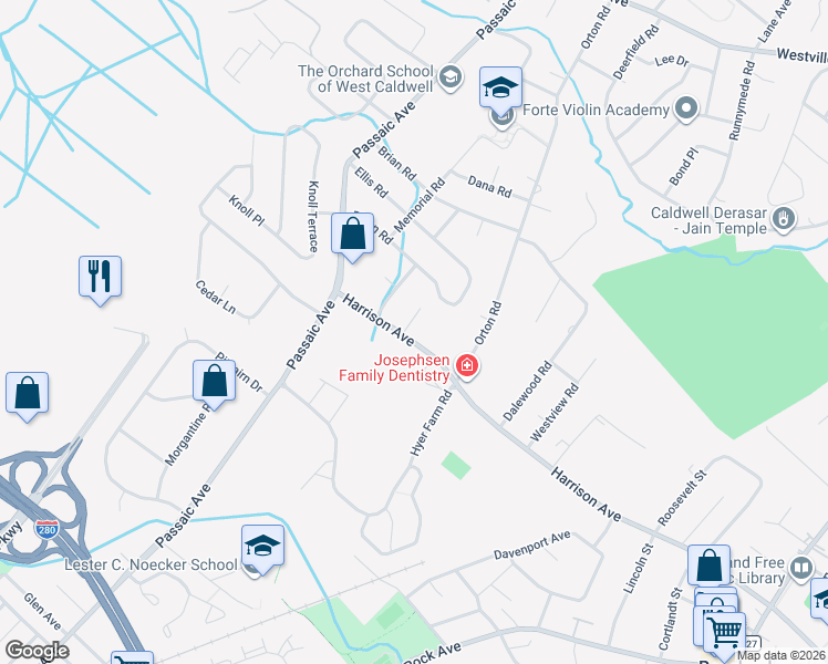 map of restaurants, bars, coffee shops, grocery stores, and more near 2 Holderith Road in West Caldwell