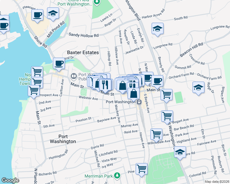 map of restaurants, bars, coffee shops, grocery stores, and more near 123 Main Street in Port Washington