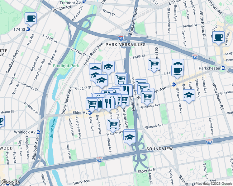 map of restaurants, bars, coffee shops, grocery stores, and more near 1620 Morrison Avenue in The Bronx