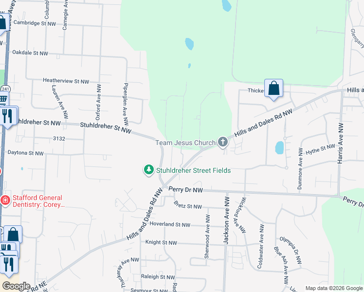 map of restaurants, bars, coffee shops, grocery stores, and more near 7261 Julian Street Northwest in Massillon