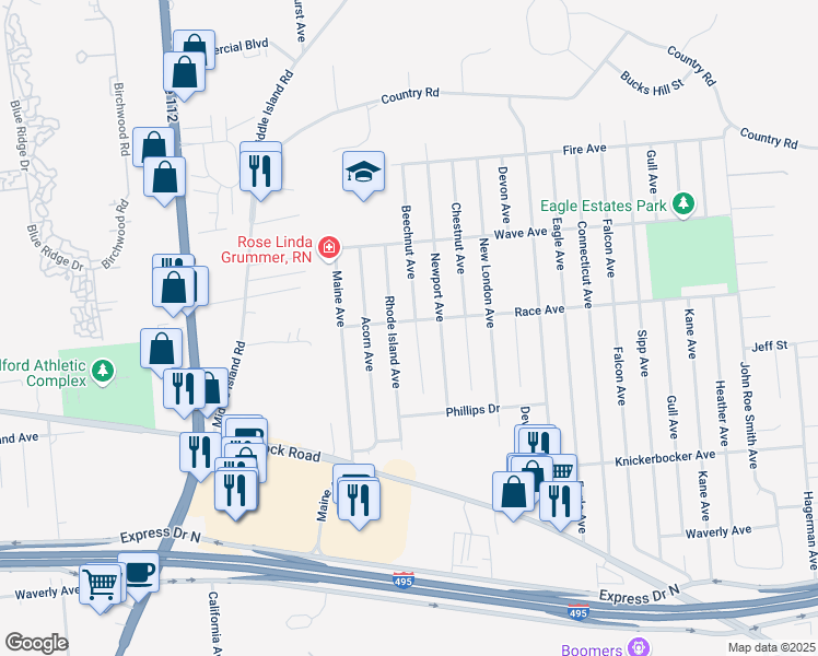 map of restaurants, bars, coffee shops, grocery stores, and more near 2915 Rhode Island Avenue in Medford