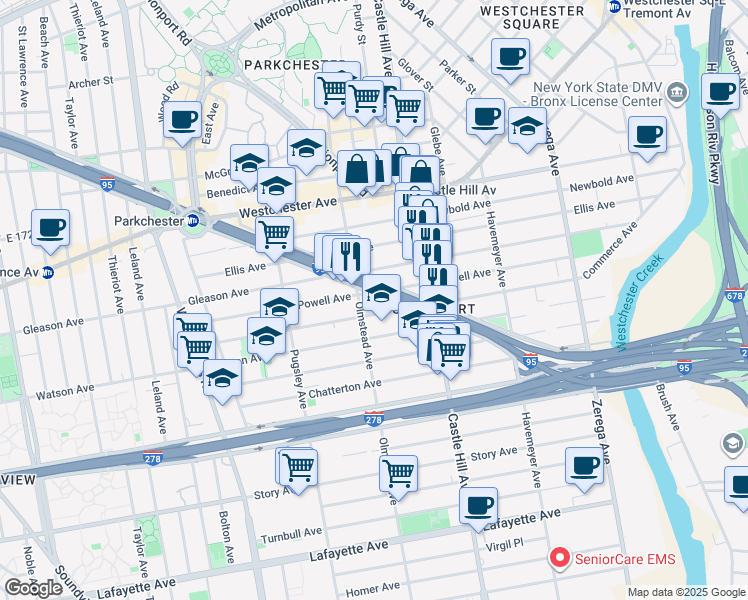 map of restaurants, bars, coffee shops, grocery stores, and more near 2130 Haviland Avenue in Bronx