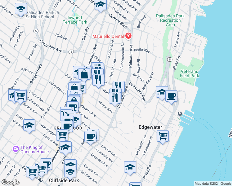 map of restaurants, bars, coffee shops, grocery stores, and more near 811 Palisade Avenue in Fort Lee