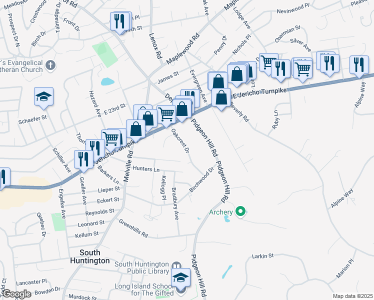 map of restaurants, bars, coffee shops, grocery stores, and more near 29 Oakcrest Drive in Huntington Station