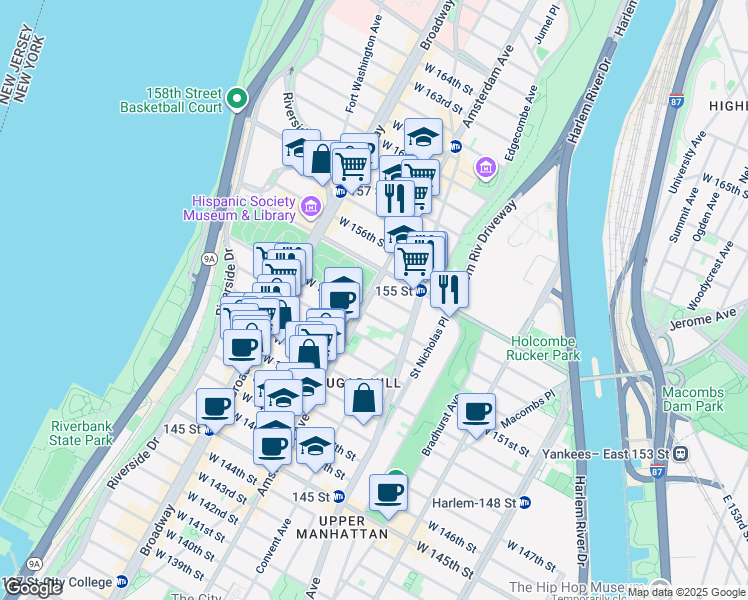 map of restaurants, bars, coffee shops, grocery stores, and more near 1850 Amsterdam Avenue in New York