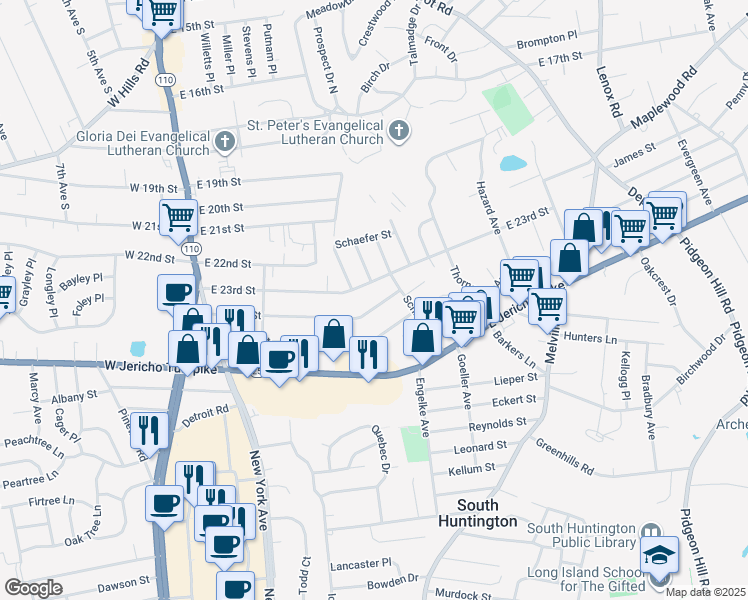 map of restaurants, bars, coffee shops, grocery stores, and more near 107 East 25th Street in Huntington Station