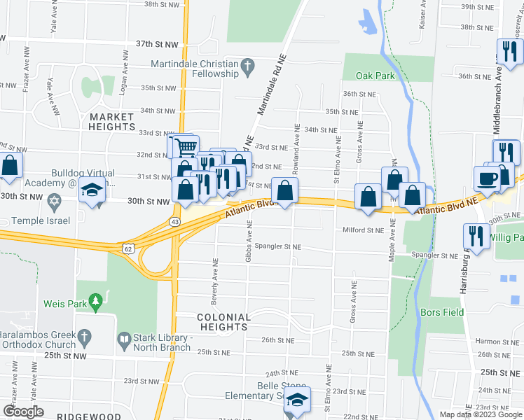 map of restaurants, bars, coffee shops, grocery stores, and more near 1116 30th Street Northeast in Canton