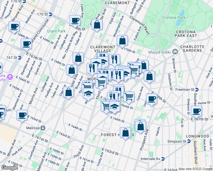 map of restaurants, bars, coffee shops, grocery stores, and more near 1194 Fulton Avenue in Bronx