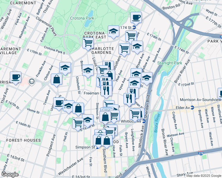map of restaurants, bars, coffee shops, grocery stores, and more near in The Bronx