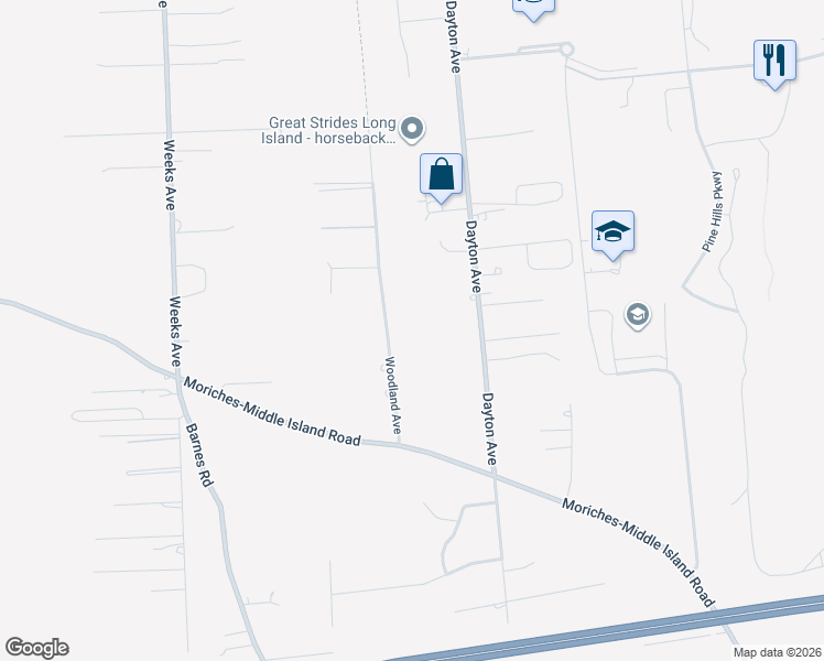 map of restaurants, bars, coffee shops, grocery stores, and more near 325 Woodland Avenue in Manorville