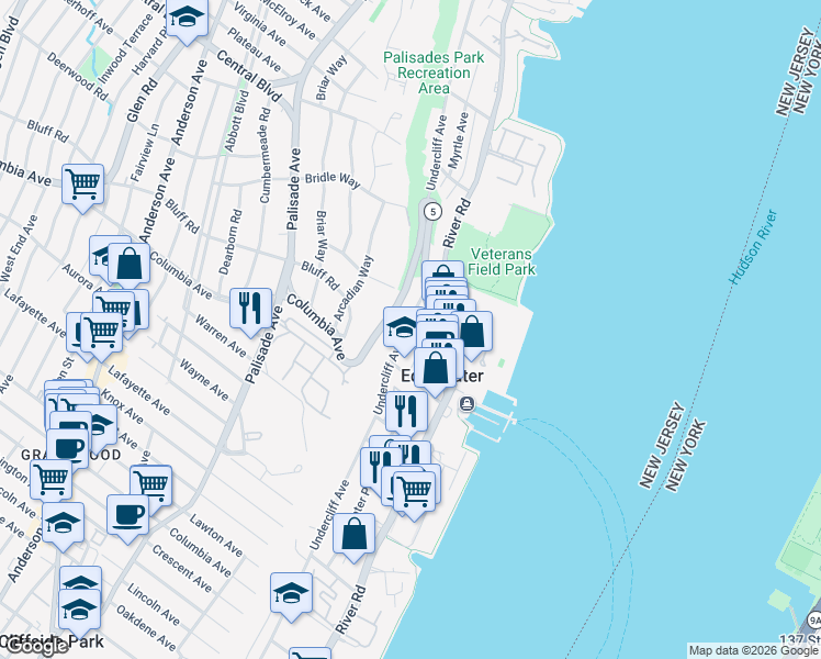 map of restaurants, bars, coffee shops, grocery stores, and more near 513 Undercliff Avenue in Edgewater