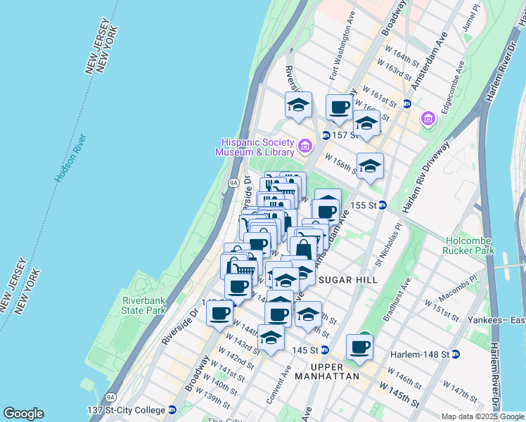 map of restaurants, bars, coffee shops, grocery stores, and more near 624 West 151st Street in New York