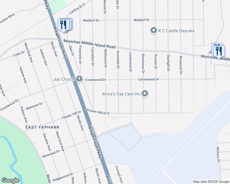 map of restaurants, bars, coffee shops, grocery stores, and more near 346 Wellwood Drive in Shirley