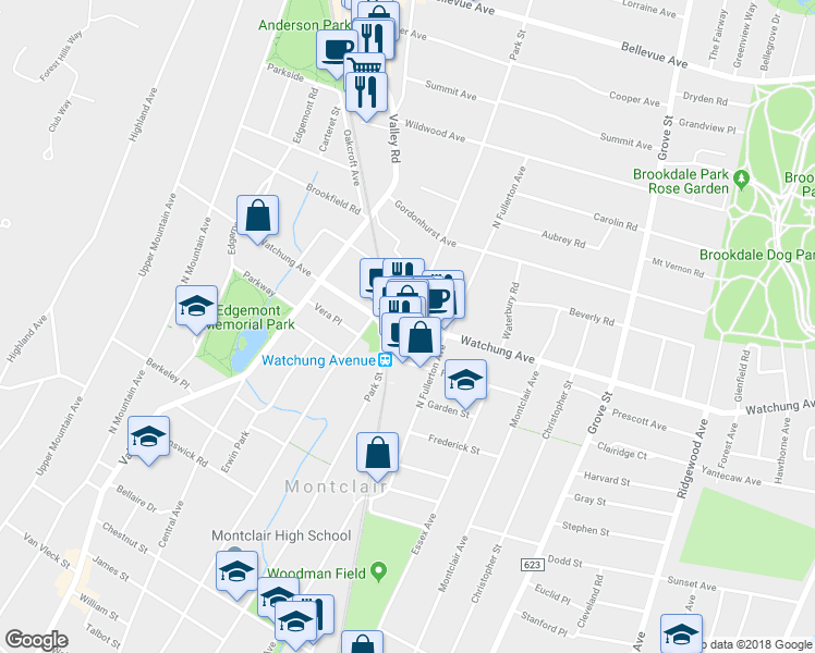 map of restaurants, bars, coffee shops, grocery stores, and more near Watchung Ave & Park St in Montclair
