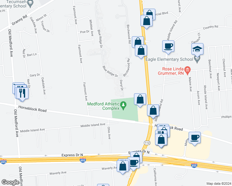 map of restaurants, bars, coffee shops, grocery stores, and more near 501 Daryl Drive in Medford