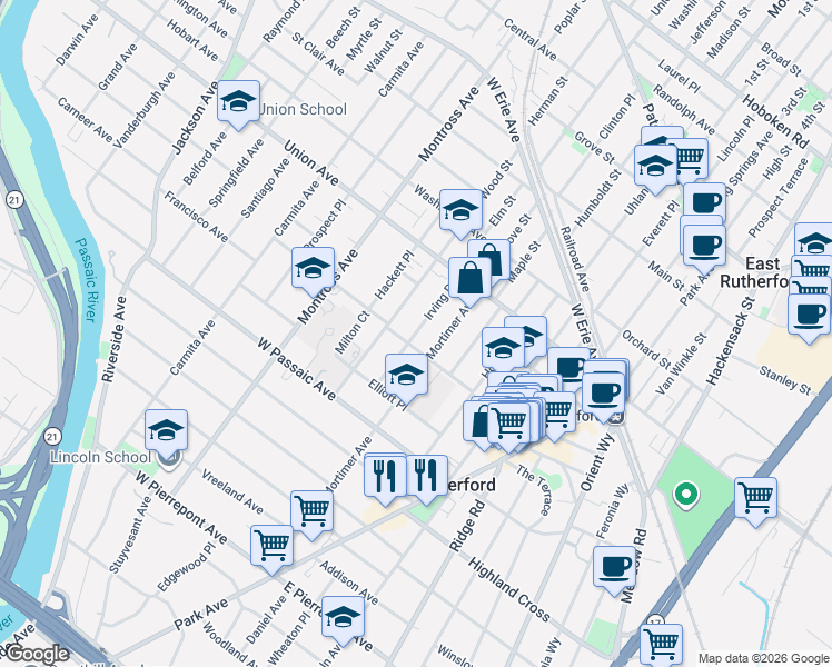 map of restaurants, bars, coffee shops, grocery stores, and more near 175 Irving Place in Rutherford