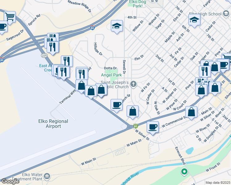 map of restaurants, bars, coffee shops, grocery stores, and more near 1033 Dotta Drive in Elko