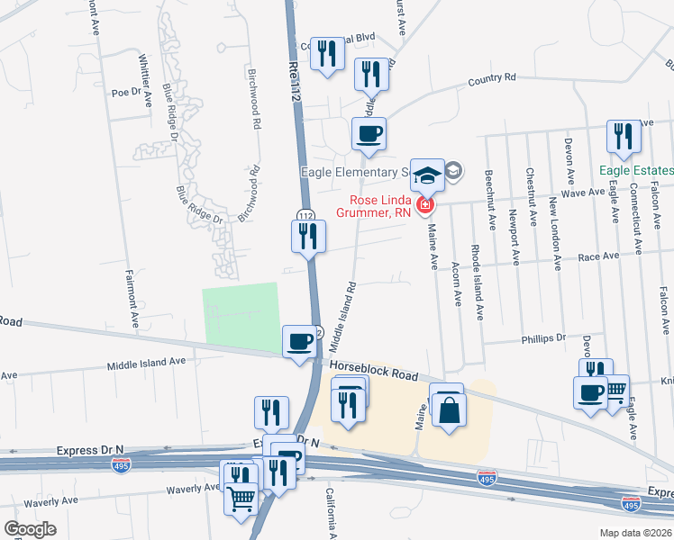 map of restaurants, bars, coffee shops, grocery stores, and more near 242 Middle Island Road in Medford