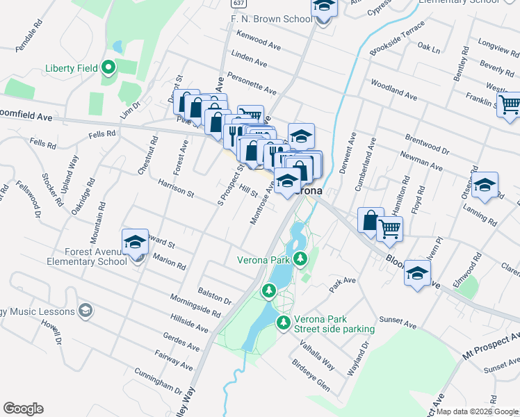 map of restaurants, bars, coffee shops, grocery stores, and more near 44 Montrose Avenue in Verona