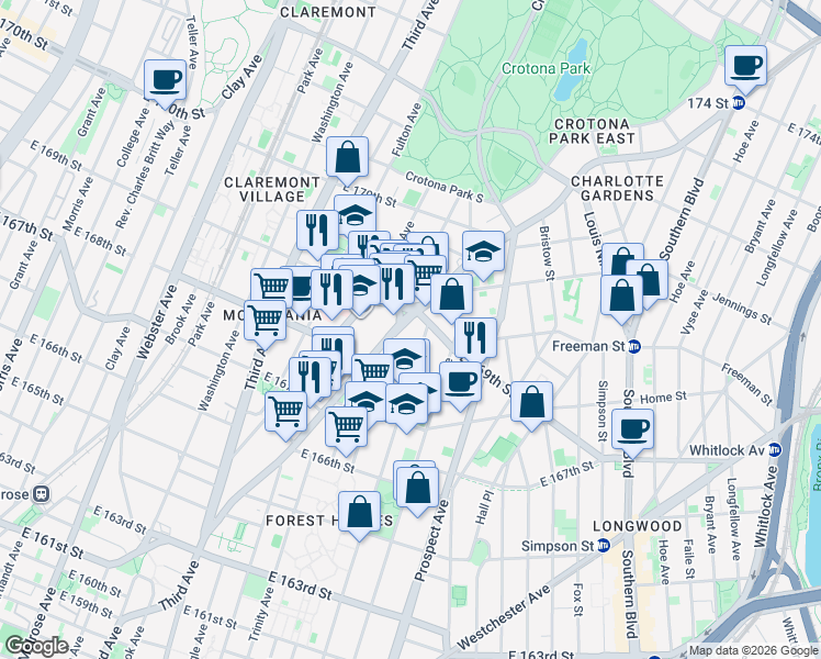 map of restaurants, bars, coffee shops, grocery stores, and more near 1225 Tinton Avenue in The Bronx