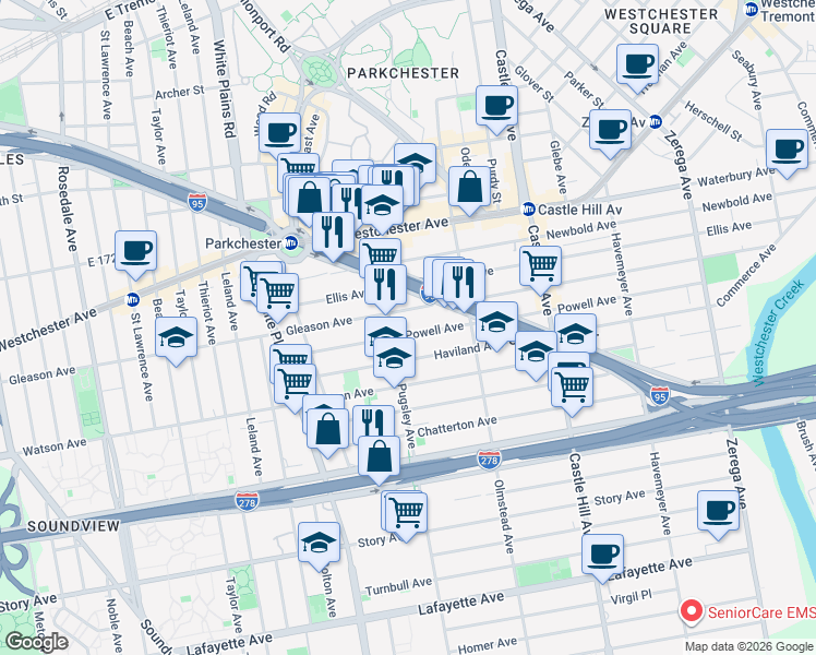 map of restaurants, bars, coffee shops, grocery stores, and more near in The Bronx
