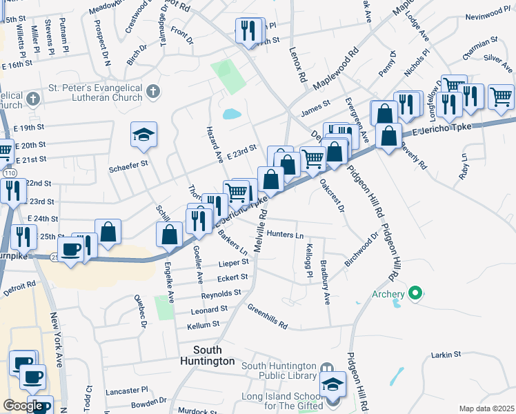 map of restaurants, bars, coffee shops, grocery stores, and more near 10 Roxbury Street in Huntington Station