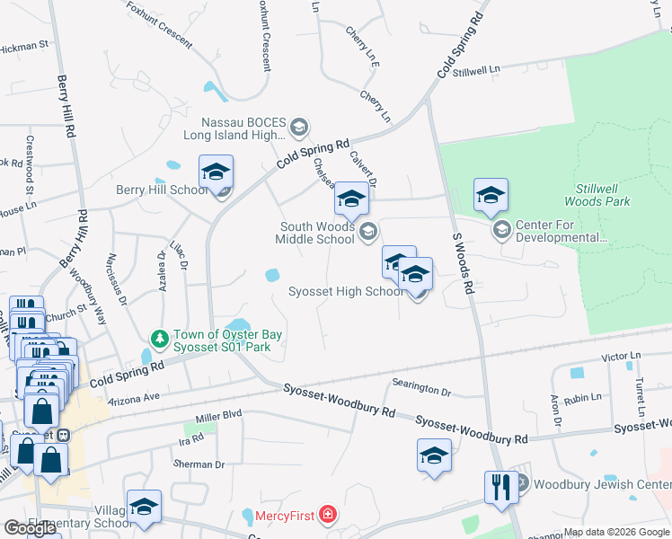 map of restaurants, bars, coffee shops, grocery stores, and more near 9 Wilshire Drive in Syosset