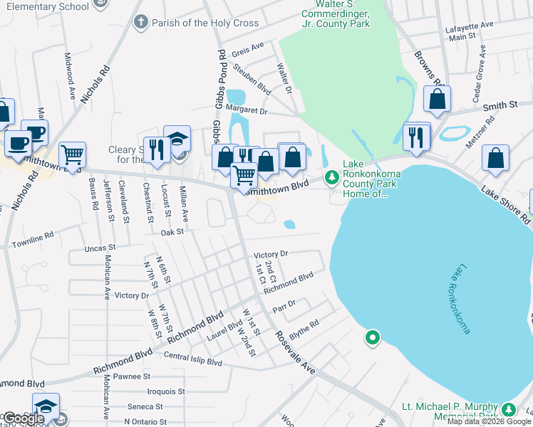 map of restaurants, bars, coffee shops, grocery stores, and more near 27 Park Circle in Nesconset