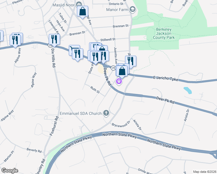map of restaurants, bars, coffee shops, grocery stores, and more near 18 Alyssum Avenue in Huntington